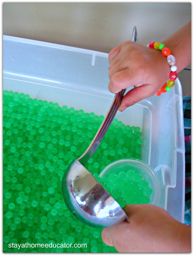 Ladling Water Beads for Fine Motor Practice
