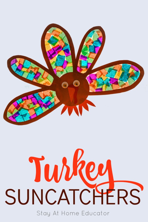 A turkey suncatcher is the perfect turkey craft for preschoolers to make for Thanksgiving