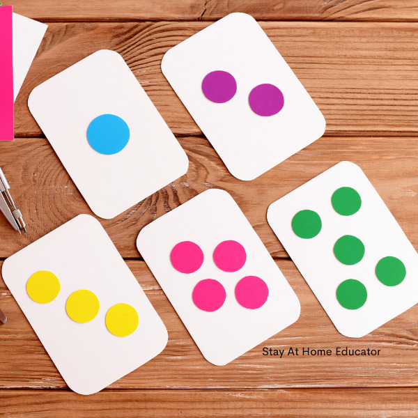 diy colorful subitizing cards with different numbers of dots on white cards
