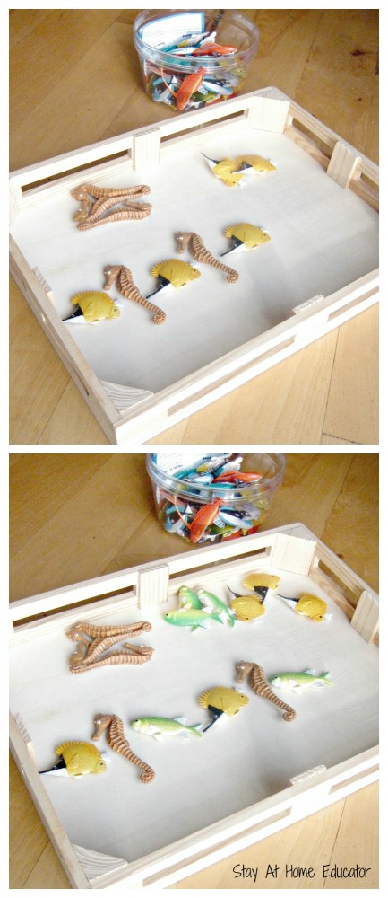 Using plastic fish figurines to practice pattern making in ocean preschool theme - Stay At Home Educator