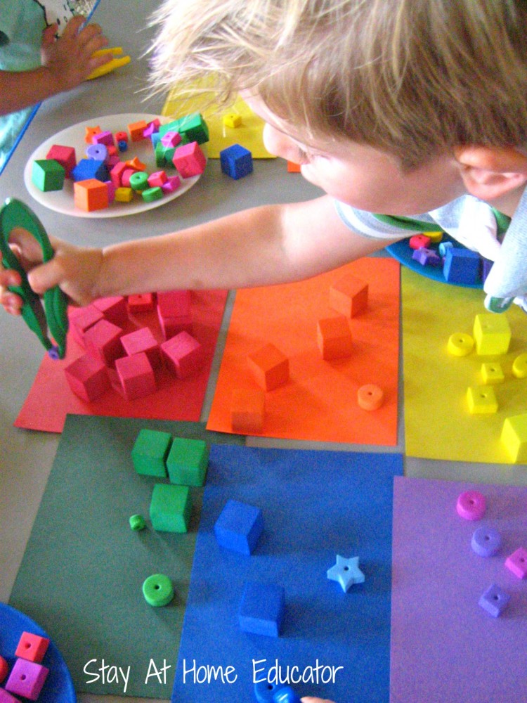 Fine motor practice with sorting foam pieces by color - Stay At Home Educator