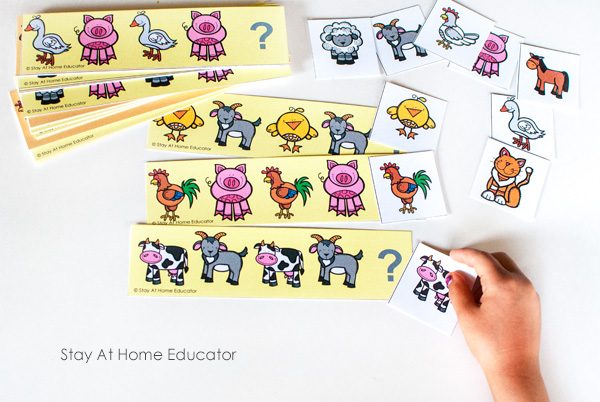 Farm animal pattern cards that are an easy answer to the question of how to teach patterns in preschool