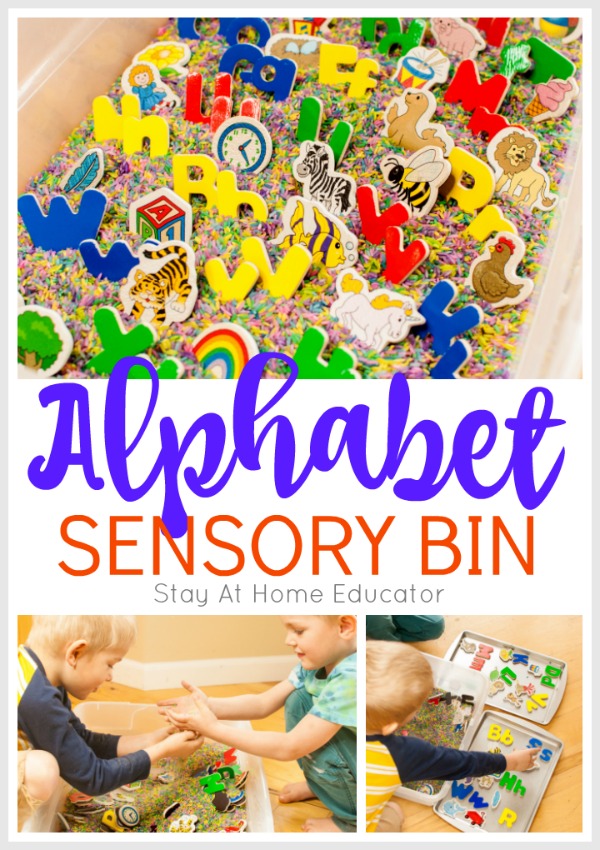 Use an alphabet sensory bin with preschoolers who are learning about letters and letter sounds
