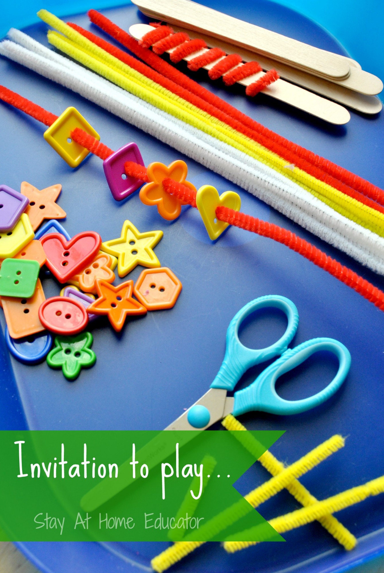 Invitation to play with craft sticks, pipe cleaner, and buttons - Stay At Home Educator