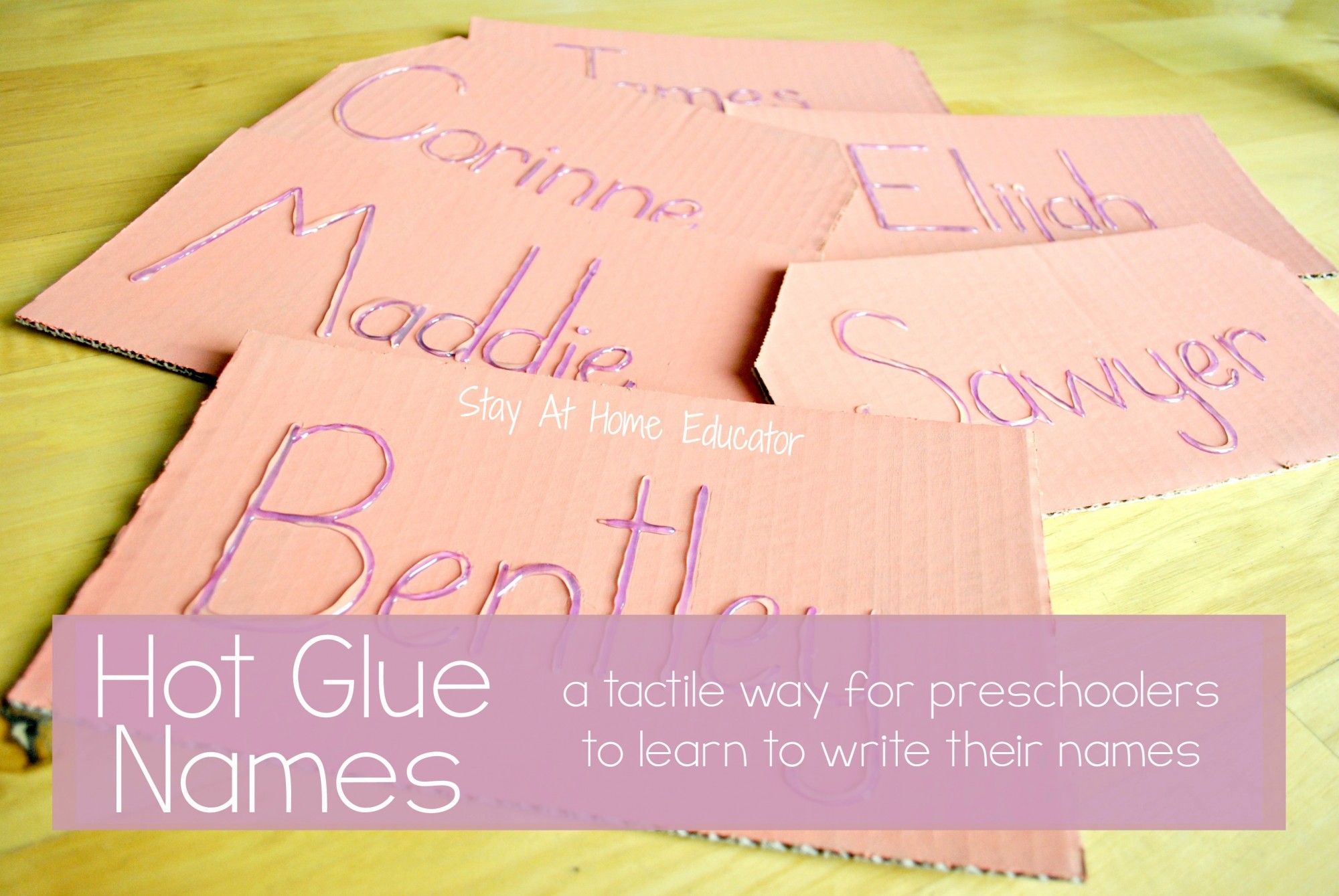 Hot glue name cards are a tactile way for preschoolers to learn how to recognize and write their names - Stay At Home Educator