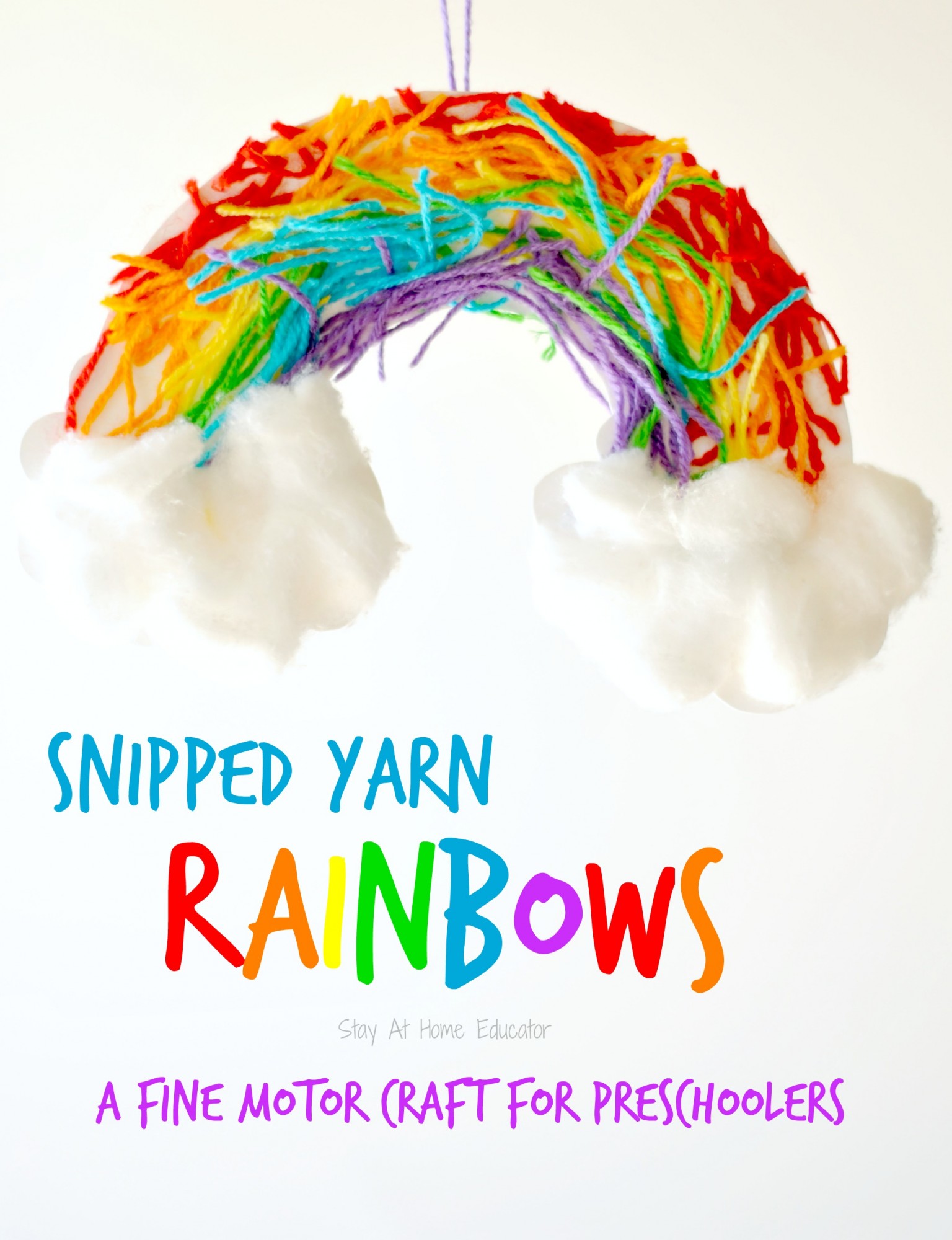 Snipped yarn rainbows, a fine motor craft for preschoolers  - work on hand strength, fine motor skills, and scissor cutting practice while doing a rainbow craft for preschoolers. Add it to your st. Patrick's Day lesson plans