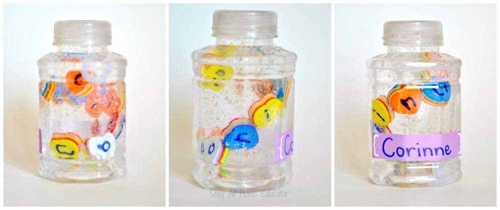 Beaded names sensory bottle for name recognition activity in preschool - Stay At Home Educator