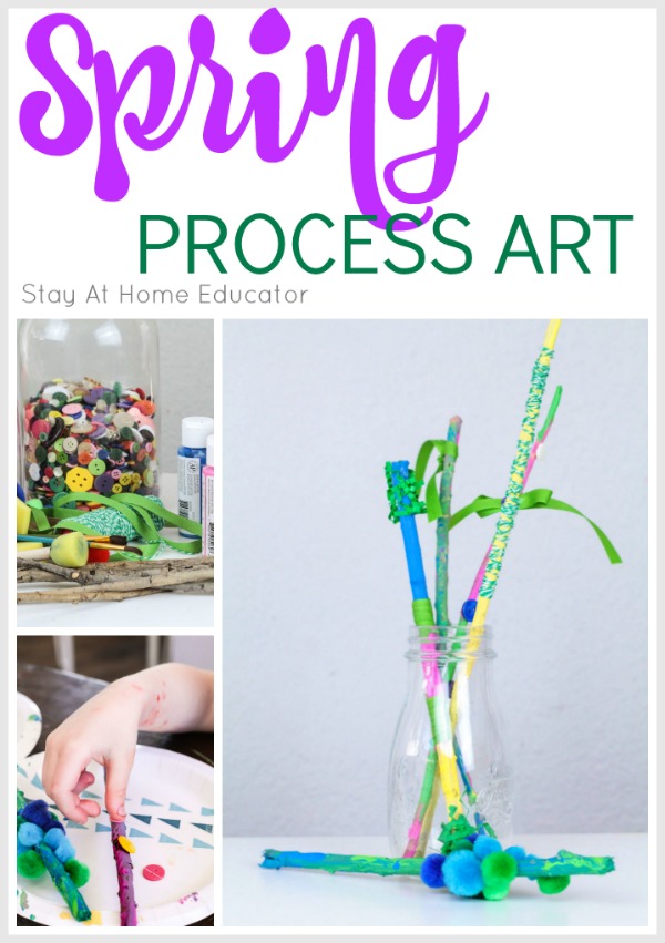 Decorated tree branch spring art for kids - this spring process art would make a perfect Mother's Day gift