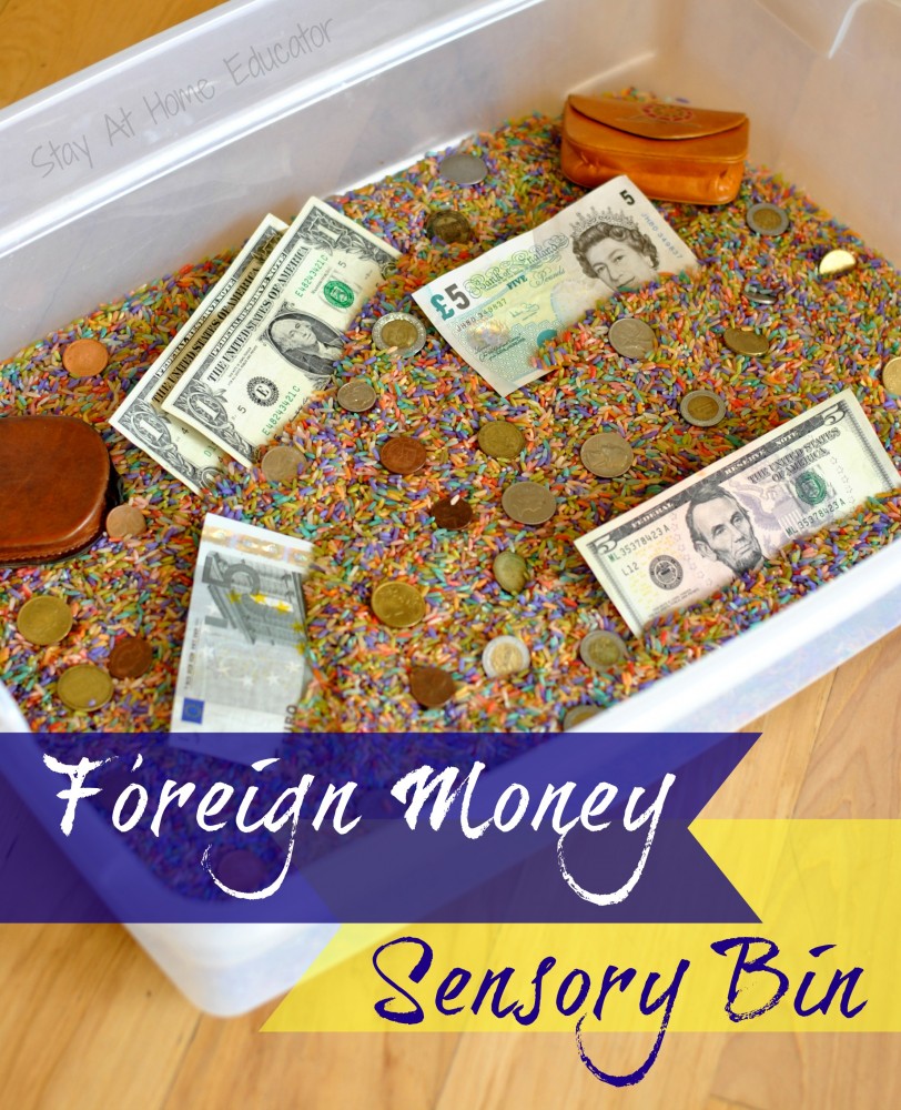 Foreign money sensory bin by Stay At Home Educator to go with an Around the World preschool theme