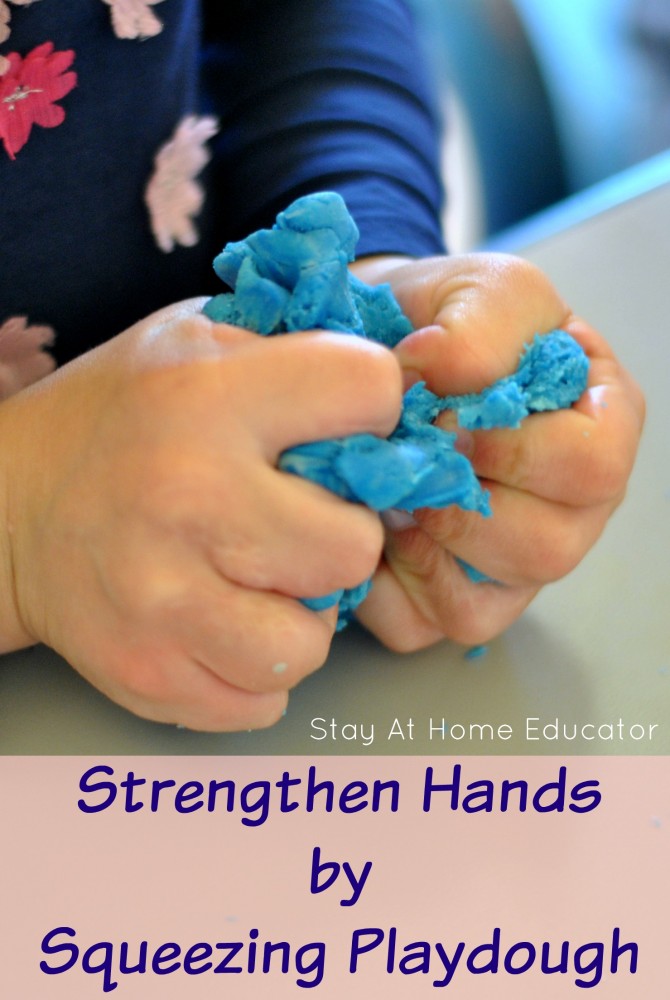 Strengthen hands by squeezing plydough helps develop muscle strength neeed for writing.