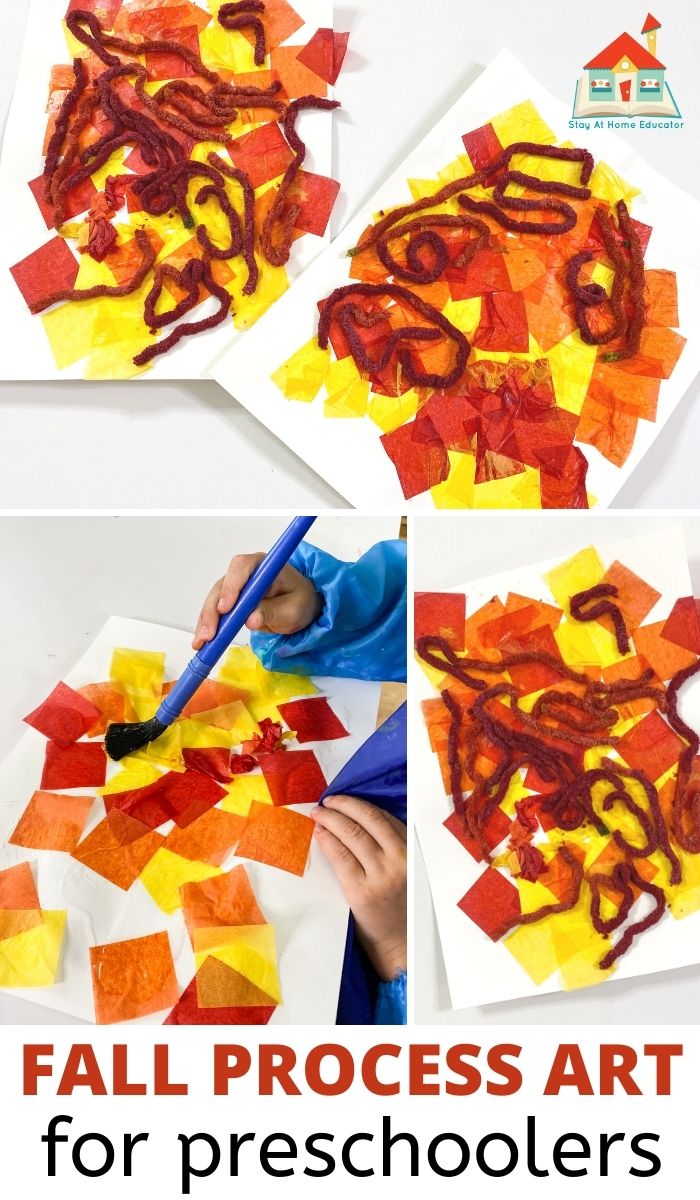 three views of a fall process art project being created with tissue paper and yarn. text reads fall process art for preschoolers.