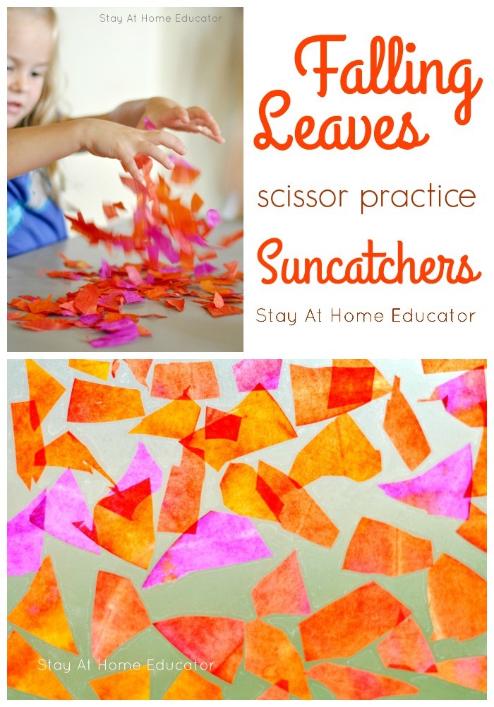 Fall leaf suncatchers using watercolor painted coffee filters or tissue paper | coffee filter fall leaves | autumn leaf suncatcher | scissor cutting practice