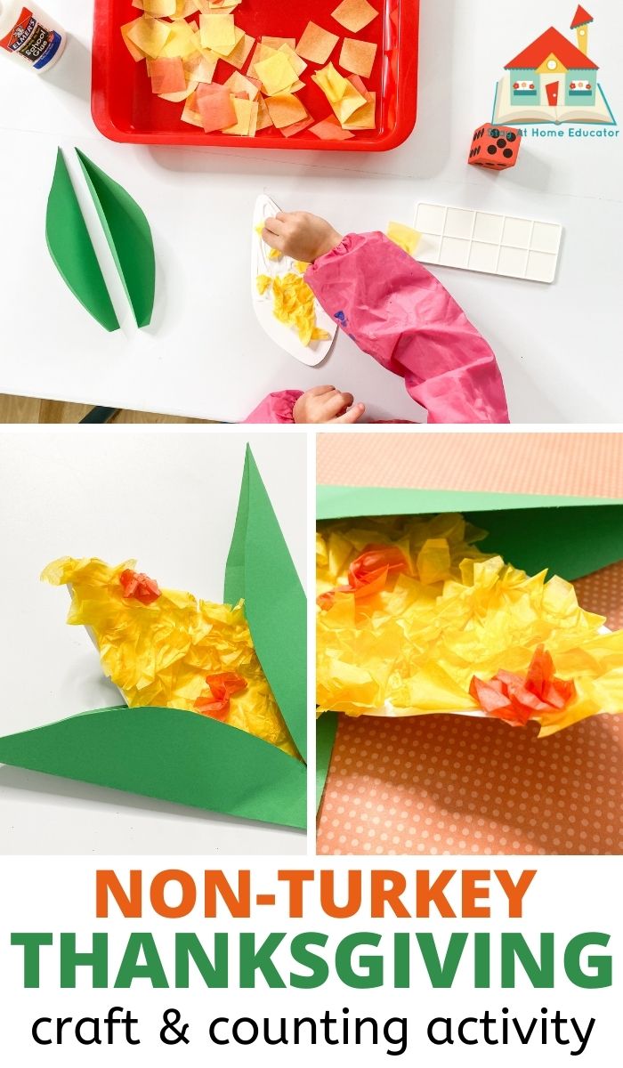 three views of a corn cob craft for preschool in a pinnable collage with the text non-turkey Thanksgiving craft and counting activity | preschool thanskgiving crafts | corn craft for preschool | non turkey crafts for Thanksgiving