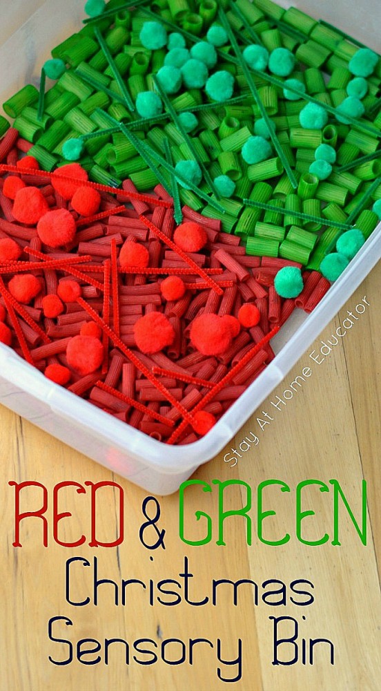 red and green Christmas sensory bin for preschoolers, sensory activities for Christmas