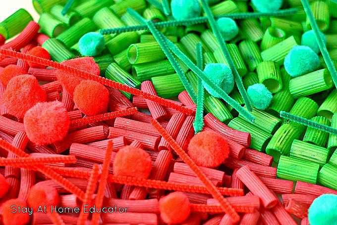Christmas math activities for preschoolers - color sorting bin