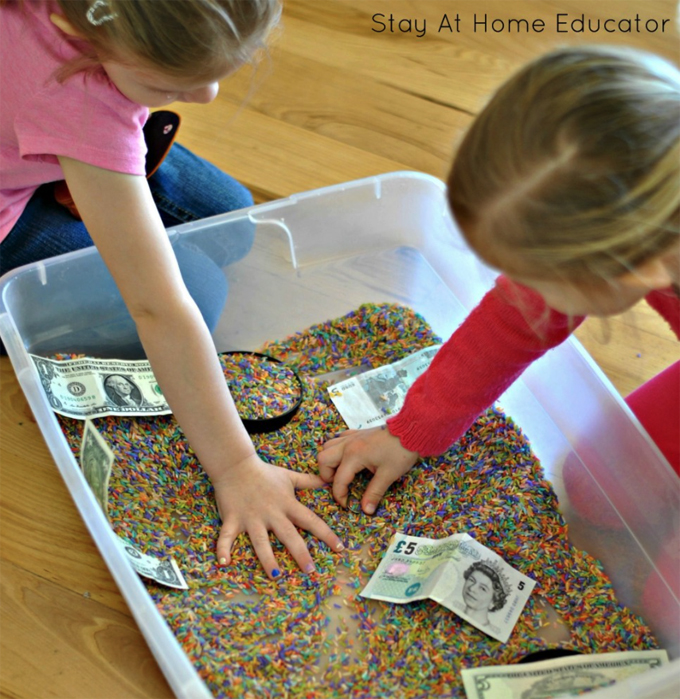 around the world sensory activities, foreign money sensory bin, money activities for preschoolers