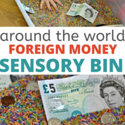 Around the world activities for toddlers| Image has collage with title: Around the World Foreign Money Sensory Bin"| one image shows young kiddos' hands playing in the sensory bin with rice and foreign money| other image shows foreign bills and coins up close in the colored rice|
