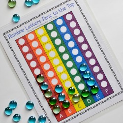rainbow graph with letters A, B, C, D, E, F and blue gems to add to the graph after each letter is rolled | letter identification activities for preschool |