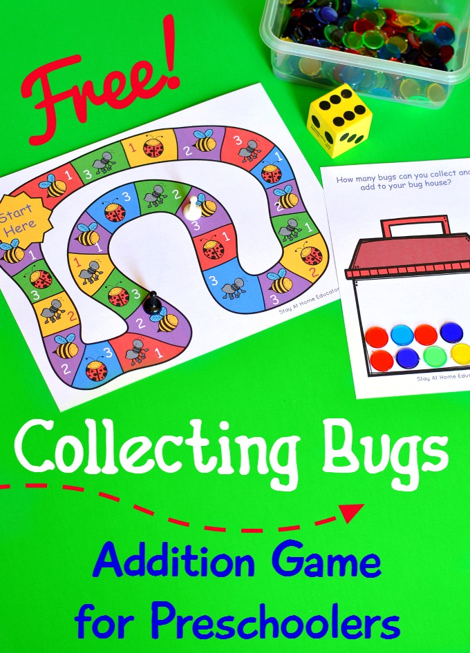 Collecting Bugs Addition Game for Prescholers - free printable - What a great kids activity to go along with any bugs theme
