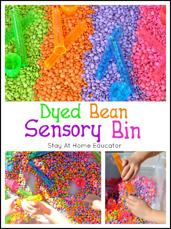 Dyed Beans Summer Sensory Bin - Have you ever seen such rich and vibrant dyed beans? Simple sensory bins like this one make the best summer preschool activity! #preschool, summer preschool activities, sensory activities