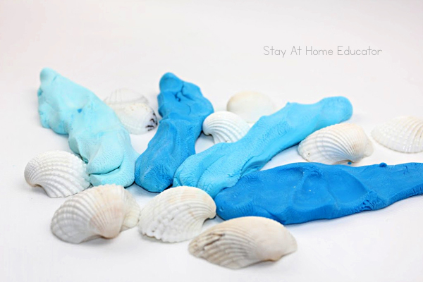 ocean theme playdough invitation to play with seashells