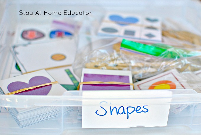 Use scrapbooking bins to store manipulatives for preschool math lesson plans, such as these from a preschool unit on shapes.