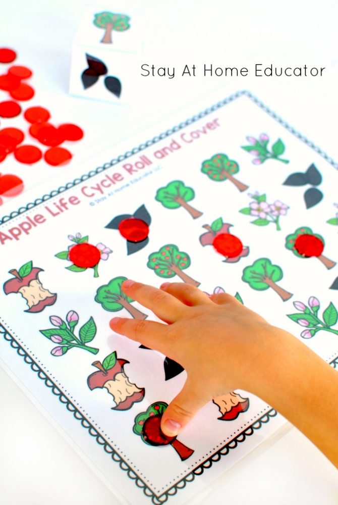 printable apple activities for preschoolers, apple preschool centers_apple printable roll and cover game in apple activities pack