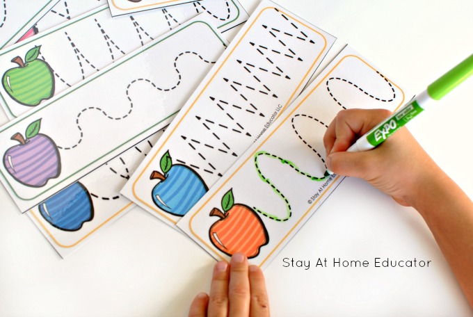 printable apple activities for preschoolers, apple preschool centers_apple prewriting cards in apple activities pack for preschoolers