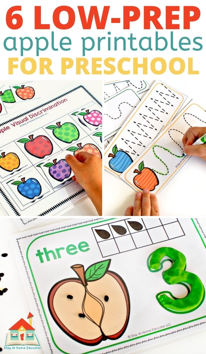 printable apple activities for preschoolers | apple preschool centers | no prep preschool activities | apple activities | apple counting mats | apple visual discrimination game | apple prewriting cards