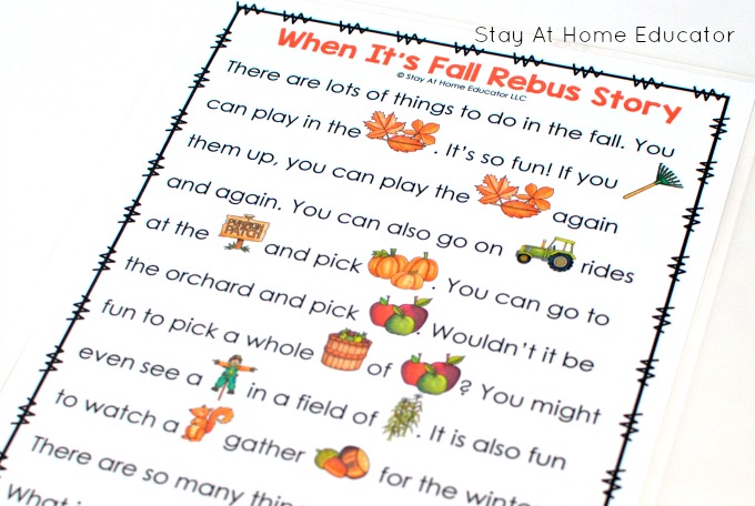 Fall rebus story in fall activities preschool pack