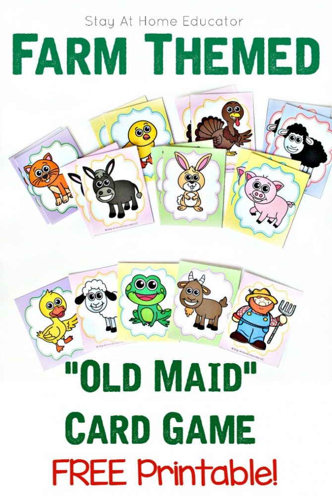 Farm themed old maid card game for preschoolers teaches visual discrimination and matching skills.