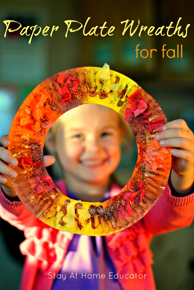 paper plate fall crafts, paper plate fall wreaths, make a wreath out of paper plates, leaf activities for preschoolers