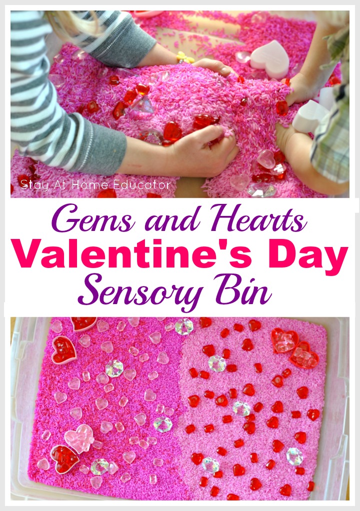 Gems and hearts Valentine's day sensory bin for preschoolers