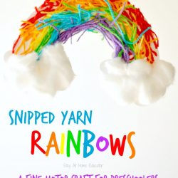 Snipped Yarn Preschool Rainbow Craft| Title that says "Snipped Yarn Rainbows, A fine motor craft for preschoolers"| picture of the craft which has yarn in rainbow colors and cotton clouds|