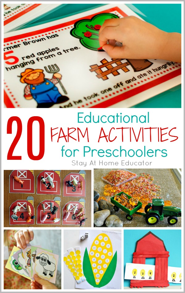 collage titled 20 educational farm activities for preschoolers| Farmer Brown counting and fine motor activity| animal figures on numbered barns| small tractor with sensory filler and beads| crafted red barn with a sheet of chicks being pulled through the door| corn on the cob craft counting and dice activity| old maid game cards with farm animals|