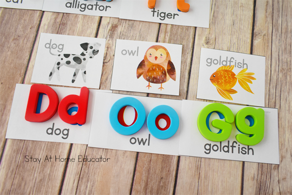 Animal alphabet puzzles with letters Dd-dog, Oo-owl, and Gg-goldfish | alphabet animal matching puzzles | beginning sound preschool activities | 