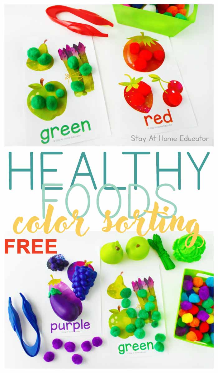 Healthy foods color sorting activity for preschoolers, free printable