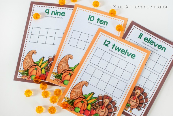 Free printable Thanksgiving counting cards for varying abilities | Thanksgiving counting cards | ten frame counting for Thanksgiving | Thanksgiving counting activities for preschoolers | counting cards 0-20 with ten frames