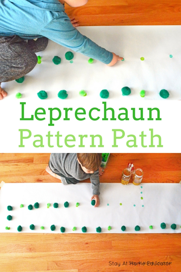 leprechaun path patterning games, St. Patrick's day math preschool activities, teaching patterning to preschoolers