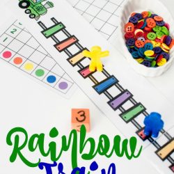 text reads Rainbow train game, image of a rainbow colored train track with a yellow game piece and a bowl of colorful buttons | rainbow train game | counting activities for preschoolers |