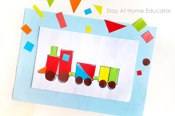 colorful shape train activity for preschoolers | shape train activity with printable template | geometric shapes for preschoolers | how to teach shapes | shape activities for preschoolers | train printables