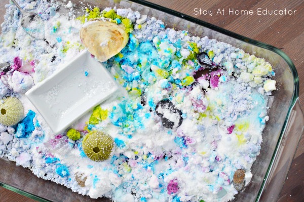 finished results of playing with baking soda and vinegar ocean sensory bin for ocean sensory play for preschoolers