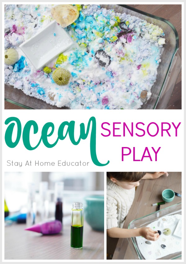baking soda and vinegar ocean sensory bin for ocean sensory play for preschoolers