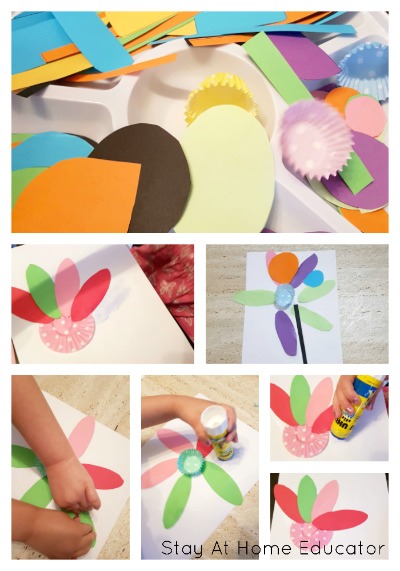 collage of children creating shape flower spring art