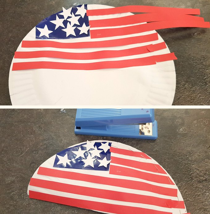 Final steps for making a 4th of July paper plate shaker