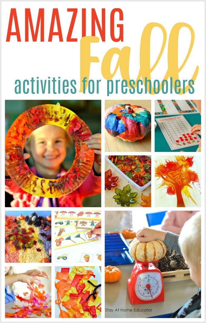ten autumn learning activities and crafts in a pinnable collage with the text Amazing fall activities for preschoolers