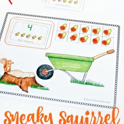 Sneaky Squirrel Fall Counting Activity| fall printables for preschoolers| sneaky squirrel ten frame| frame has image of ten acorns in frames with counters on top| the number 4 with acorns underneath| a tree stump with a brown squirrel| a green wheelbarrow| the words "sneaky squirrel" are written in cursive and "fall counting game" is printed underneath| the word FREE is at the top| a card with the numeral 3 and some acorns at the top|