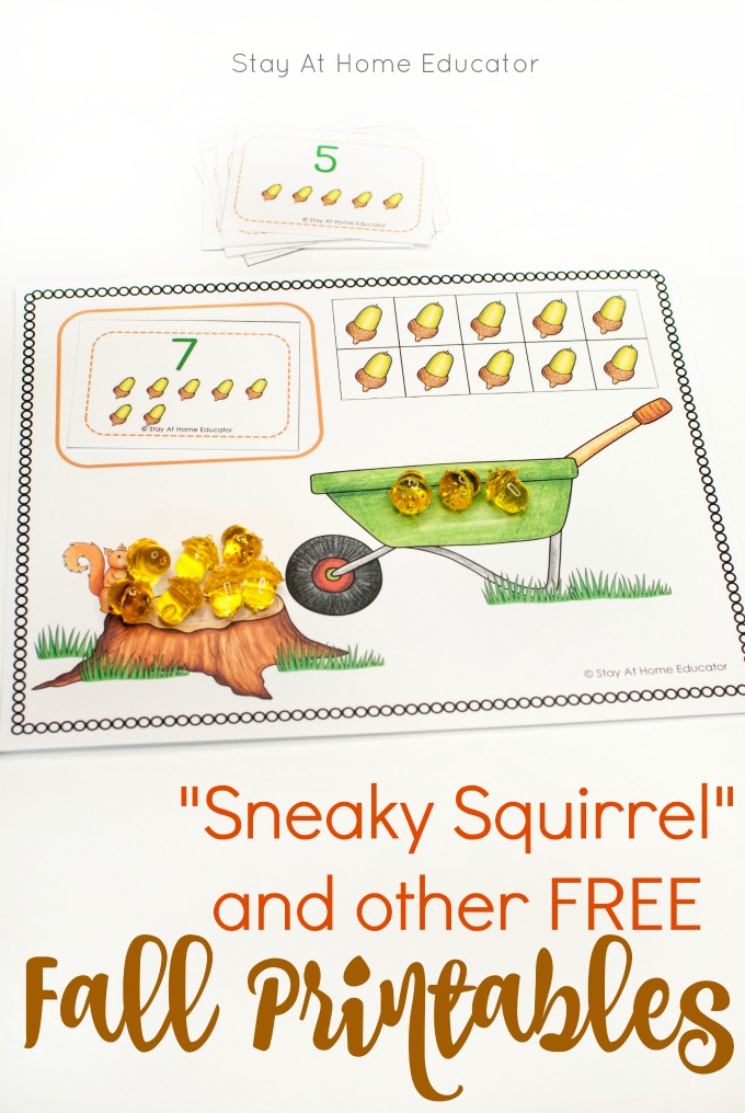Sneaky Squirrel Fall Counting Activity | fall printables for preschoolers | sneaky squirrel ten frame | frame has image of ten acorns in frames with counters on top| the number 7 with acorns underneath | a tree stump with a brown squirrel | a green wheelbarrow | the words "sneaky squirrel and other FREE fall printables” written as the title| an image of a card with the numeral 5 and 5 acorns is at the very top |