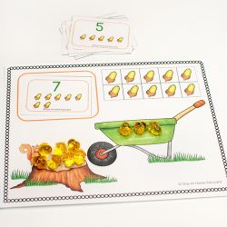 Sneaky Squirrel Fall Counting Activity| fall printables for preschoolers| sneaky squirrel ten frame| frame has image of ten acorns in frames with counters on top| the number 7 with acorns underneath| a tree stump with a brown squirrel| a green wheelbarrow|