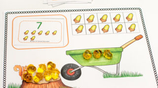 Sneaky Squirrel Fall Counting Activity| fall printables for preschoolers| sneaky squirrel ten frame| frame has image of ten acorns in frames with counters on top| the number 7 with acorns underneath| a tree stump with a brown squirrel| a green wheelbarrow|